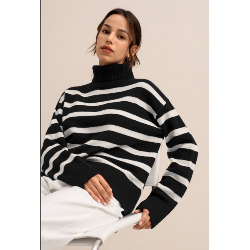 Lilysilk Tarra Stripe Sweater Turtleneck Merino Wool Relaxed Black White Small